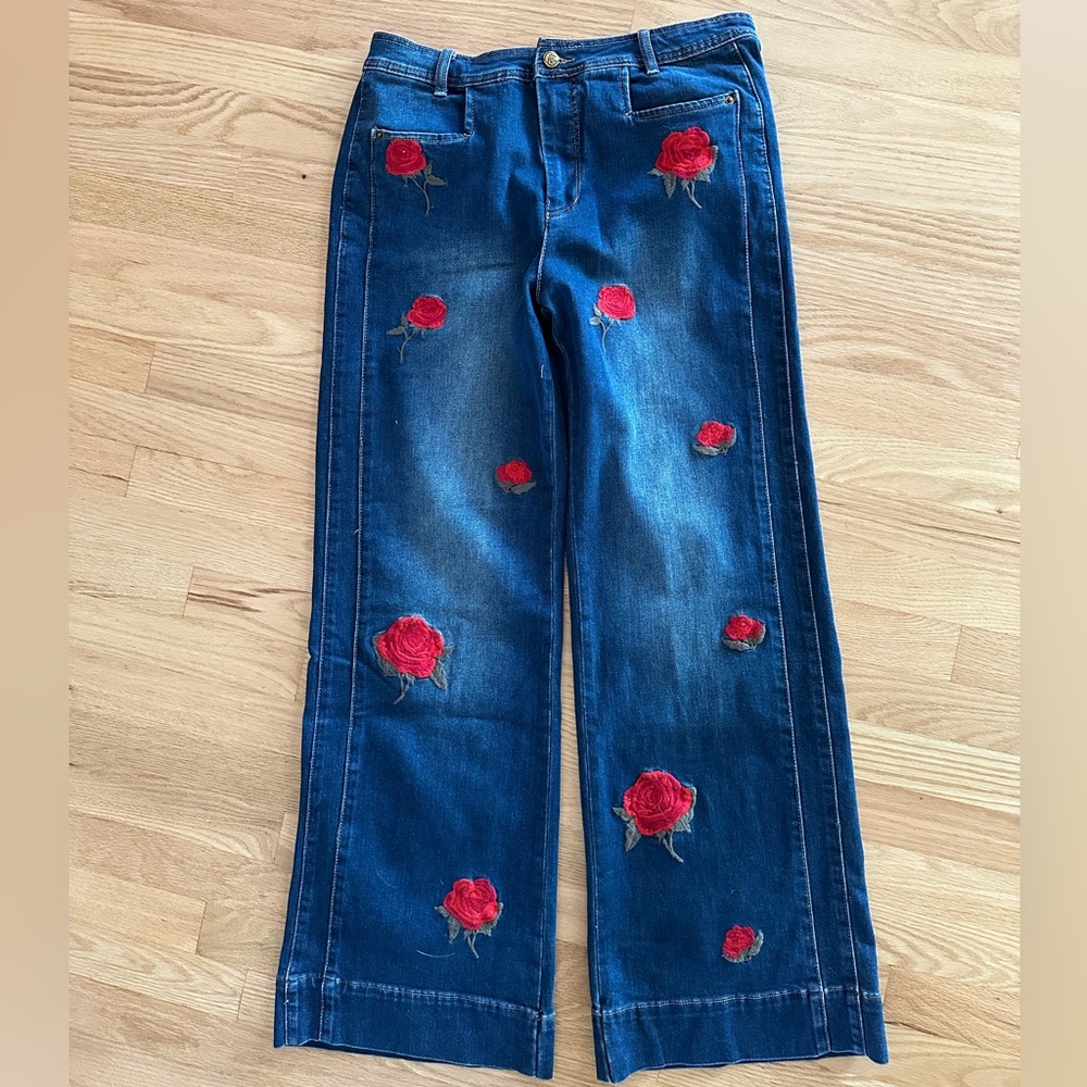 Oli & Hali Dark Blue Wide-Leg Jeans with Red Rose Embroidery